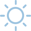 Outlined sun icon with rays on a blue background.