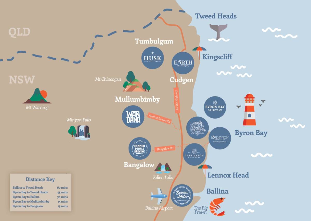 Illustrated map of NSW and QLD border, showing landmarks and breweries near Byron Bay.