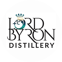 Logo with stylized text 'Lord Byron Distillery' and a globe with a crown.