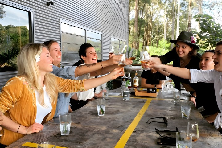 Group of people clinking glasses at an outdoor table, smiling and enjoying drinks together.