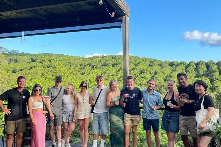 Group of people posing on a wooden deck with a green landscape in the background.